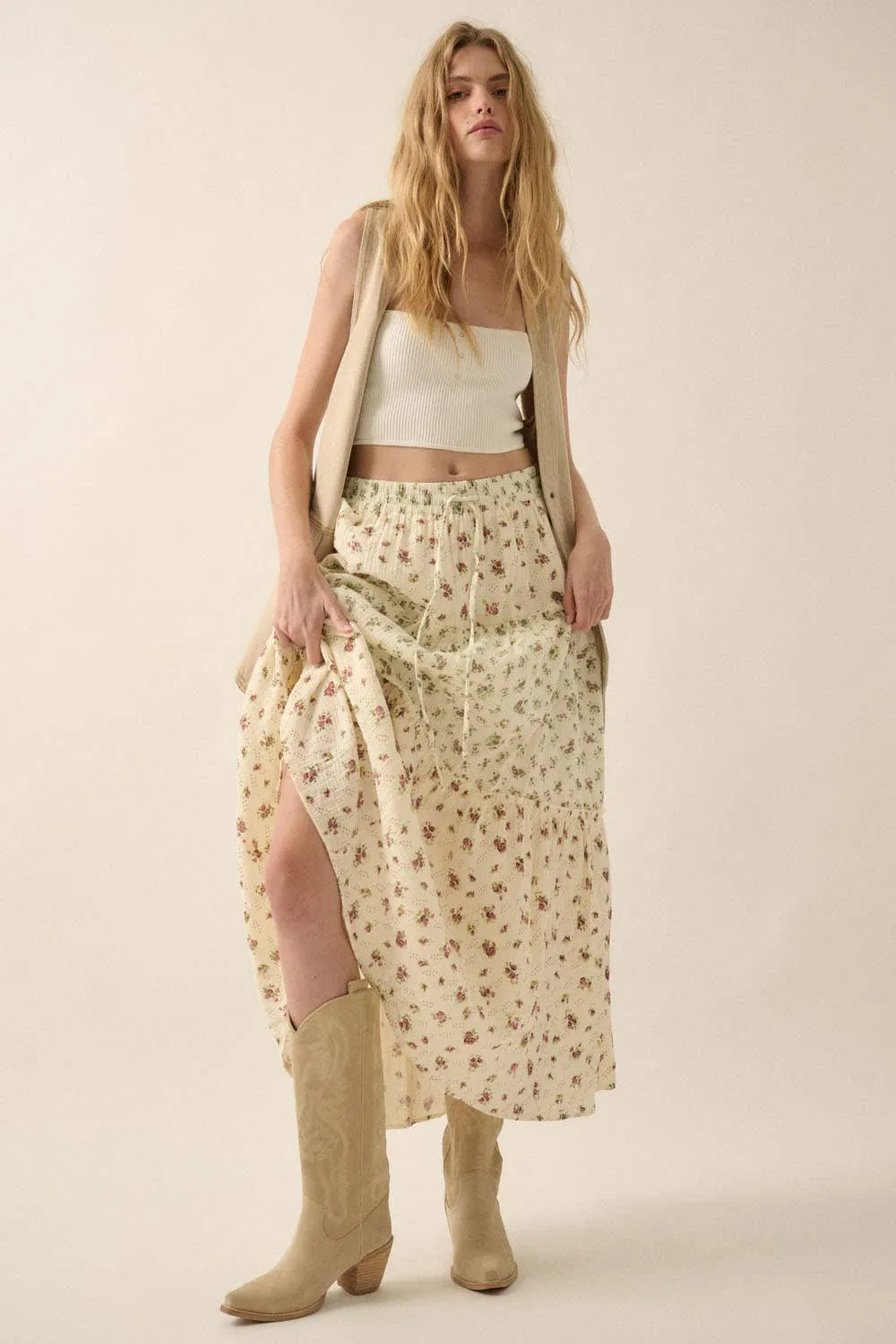 FLORAL CRINKLE COTTON COLORBLOCK TIERED MAXI SKIRT