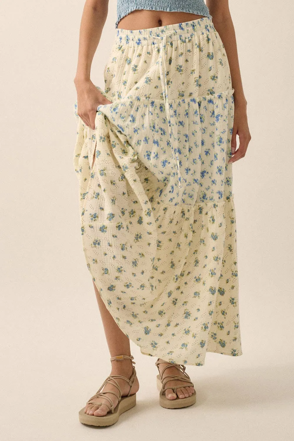 FLORAL CRINKLE COTTON COLORBLOCK TIERED MAXI SKIRT