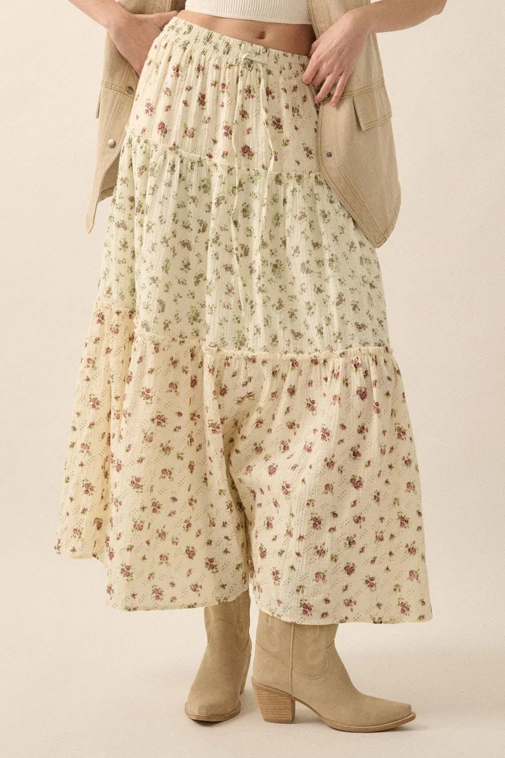 FLORAL CRINKLE COTTON COLORBLOCK TIERED MAXI SKIRT