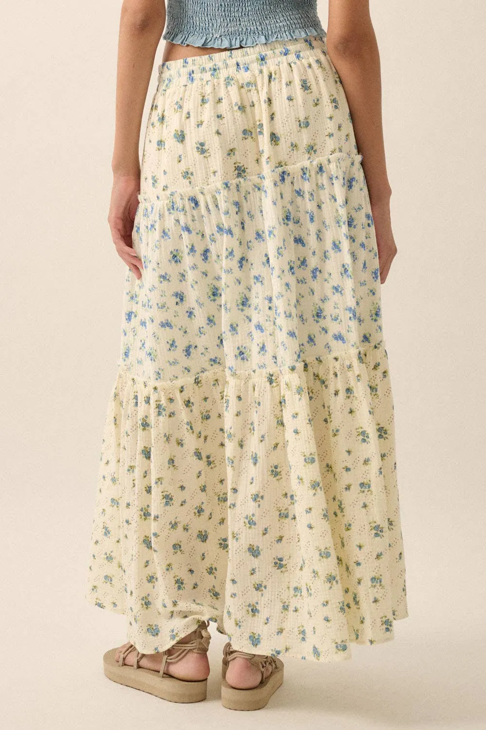 FLORAL CRINKLE COTTON COLORBLOCK TIERED MAXI SKIRT