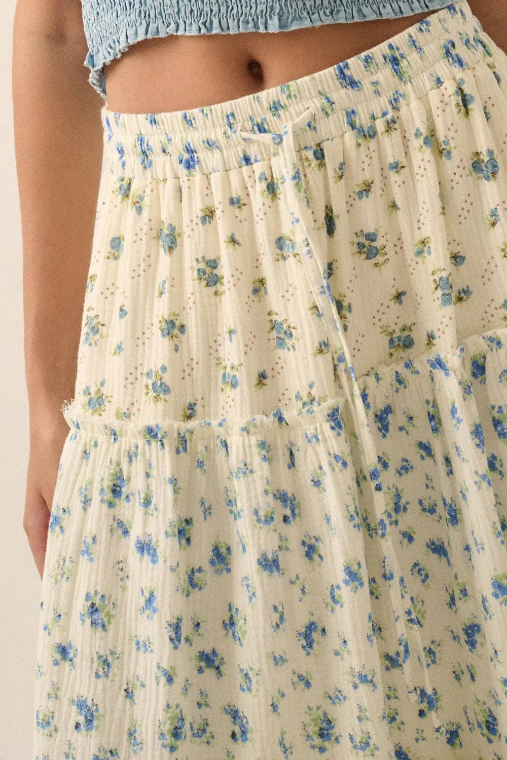 FLORAL CRINKLE COTTON COLORBLOCK TIERED MAXI SKIRT