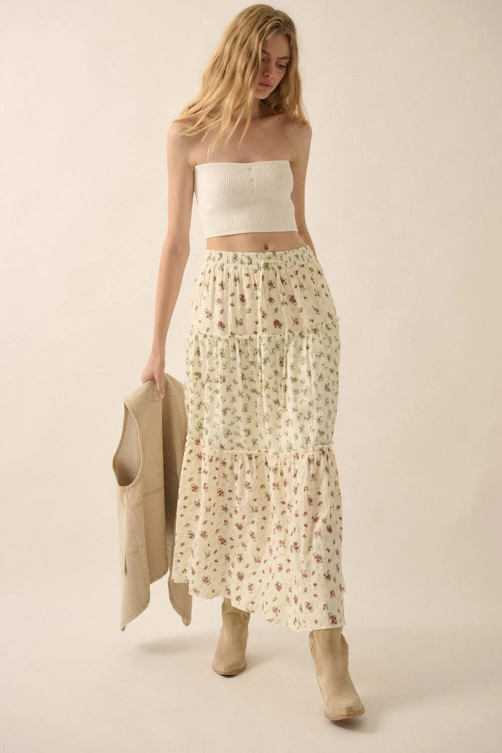 FLORAL CRINKLE COTTON COLORBLOCK TIERED MAXI SKIRT
