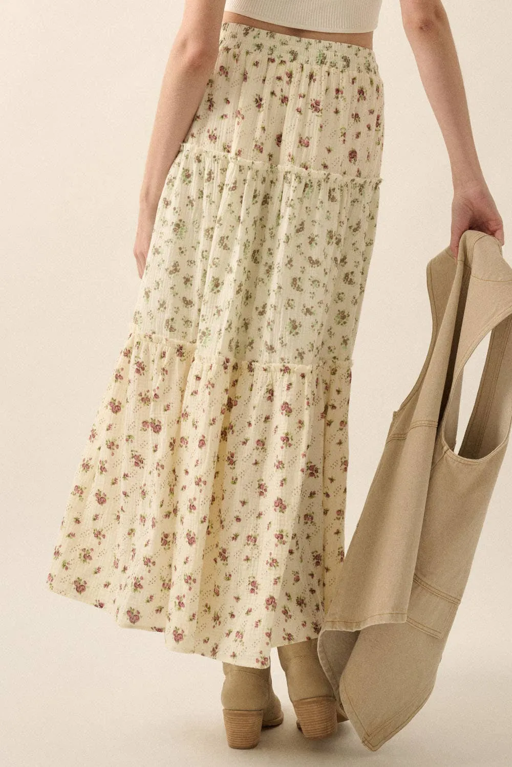 FLORAL CRINKLE COTTON COLORBLOCK TIERED MAXI SKIRT
