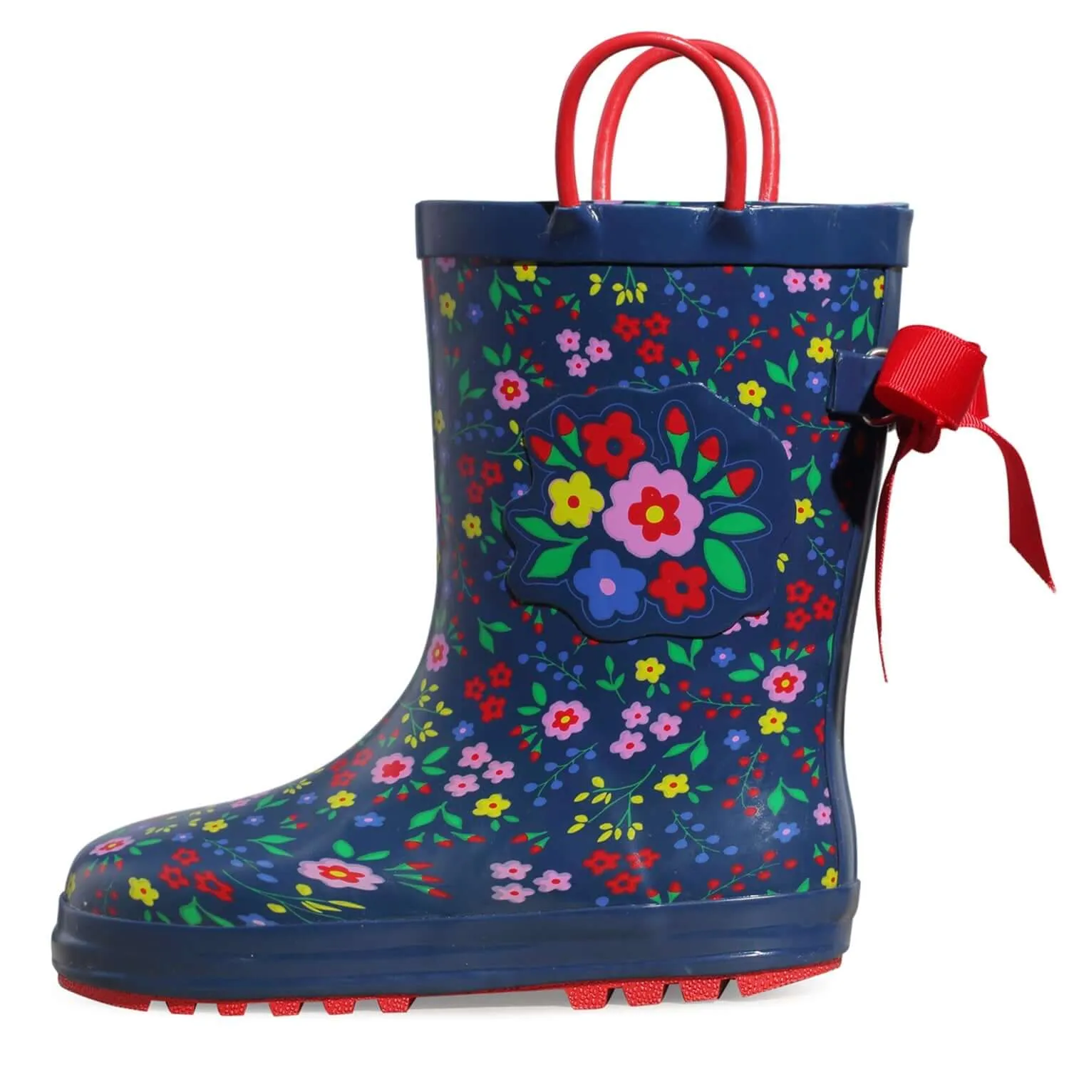Floral Print 3D Bow Navy Kids Rain Boots