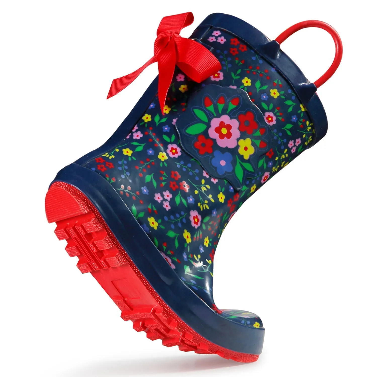 Floral Print 3D Bow Navy Kids Rain Boots