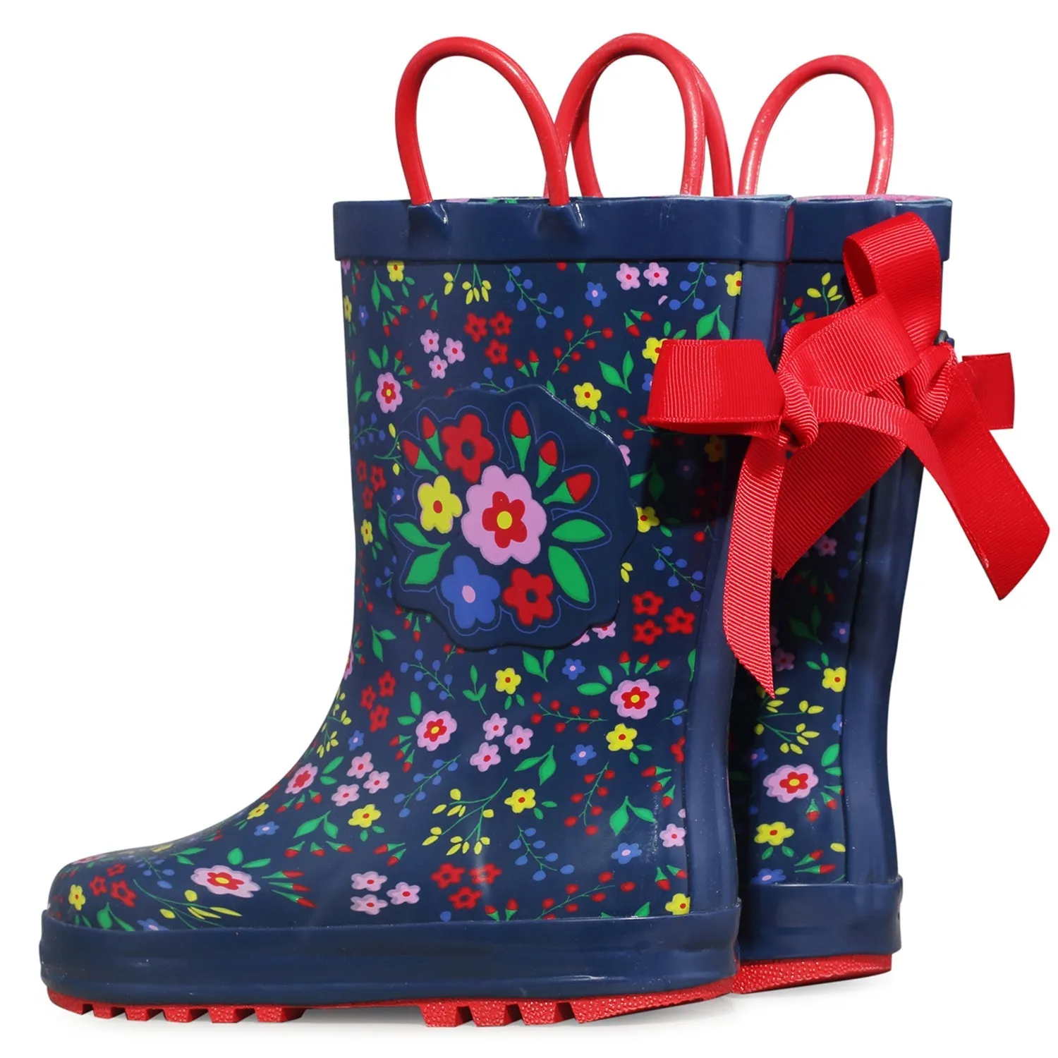 Floral Print 3D Bow Navy Kids Rain Boots