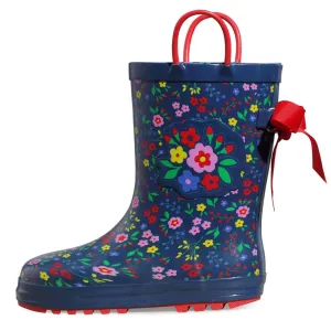 Floral Print 3D Bow Navy Kids Rain Boots