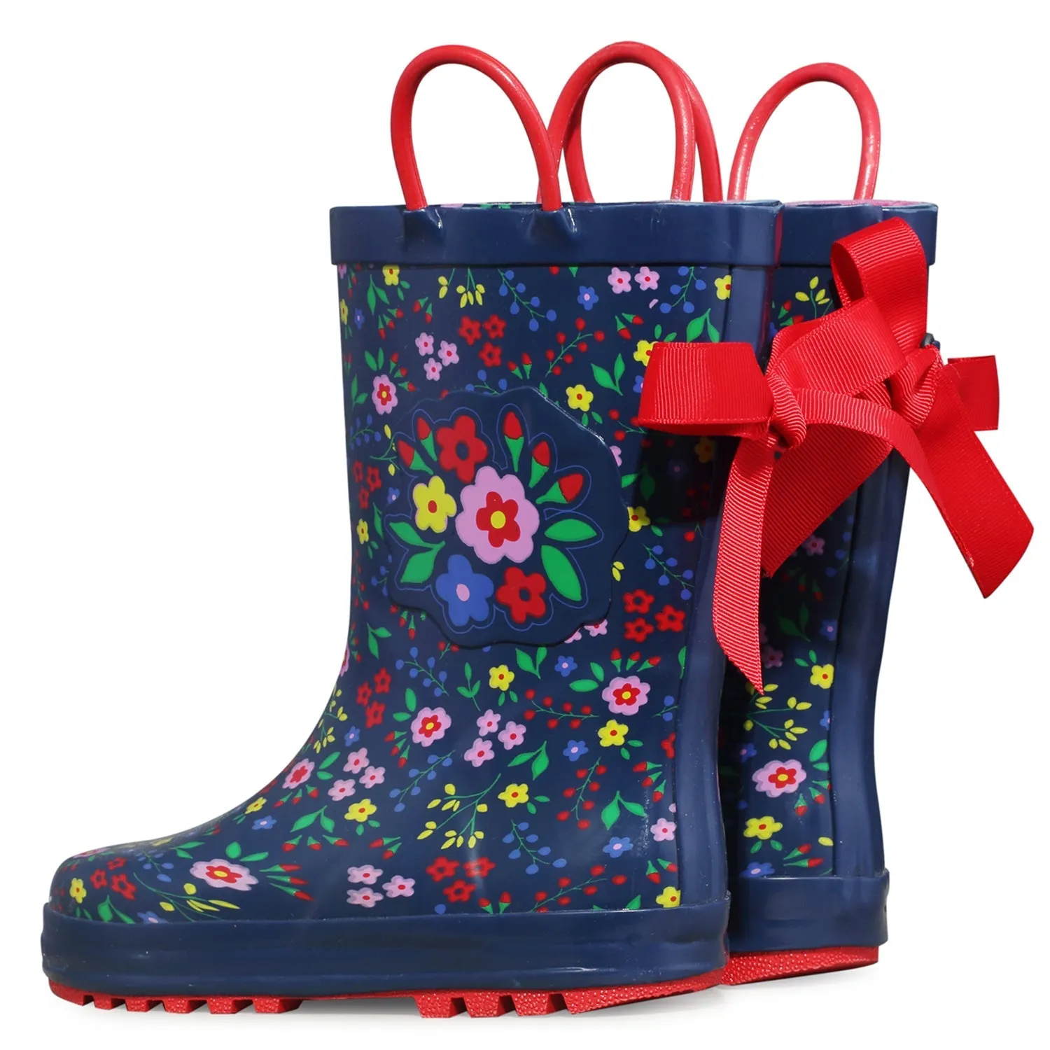 Floral Print 3D Bow Navy Kids Rain Boots