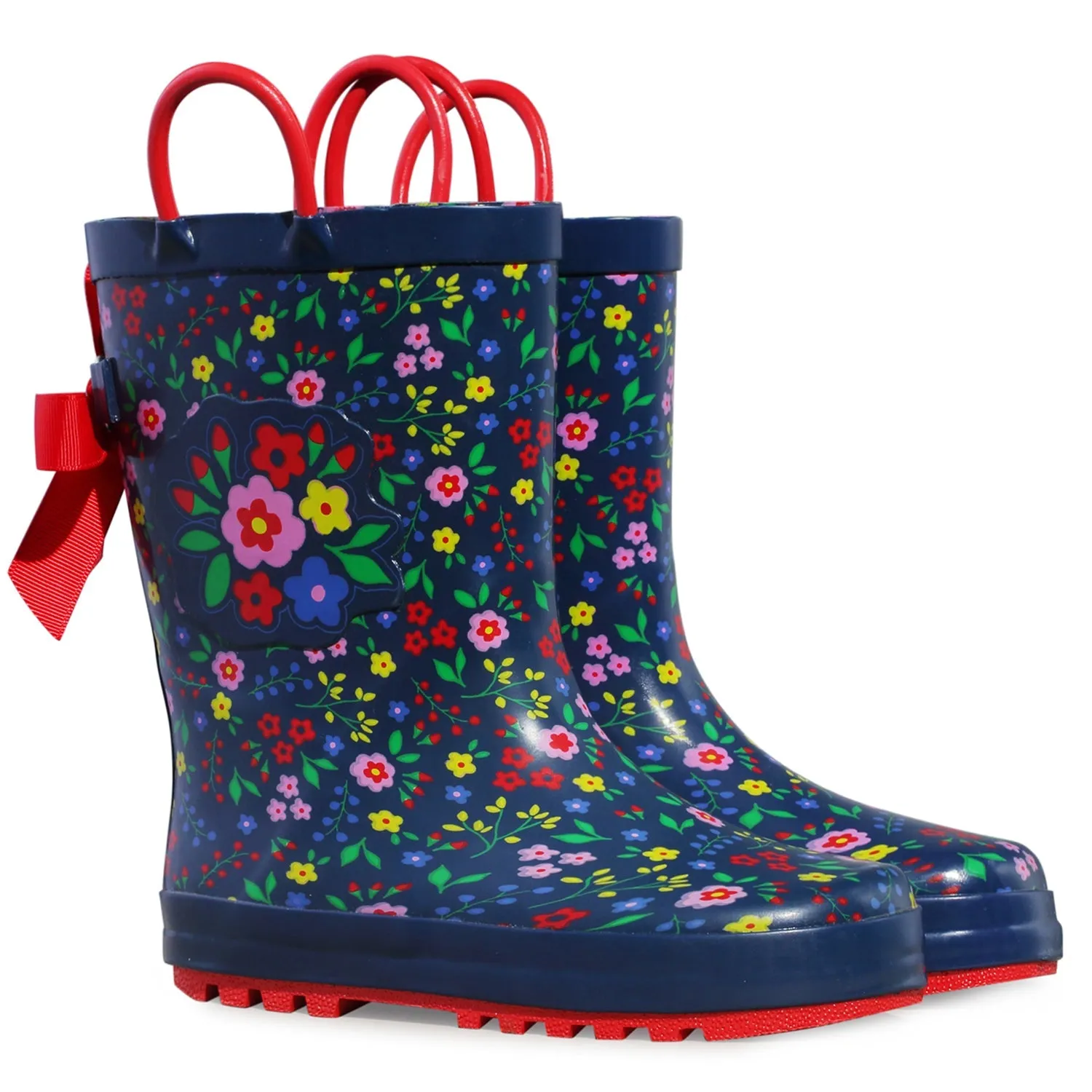Floral Print 3D Bow Navy Kids Rain Boots