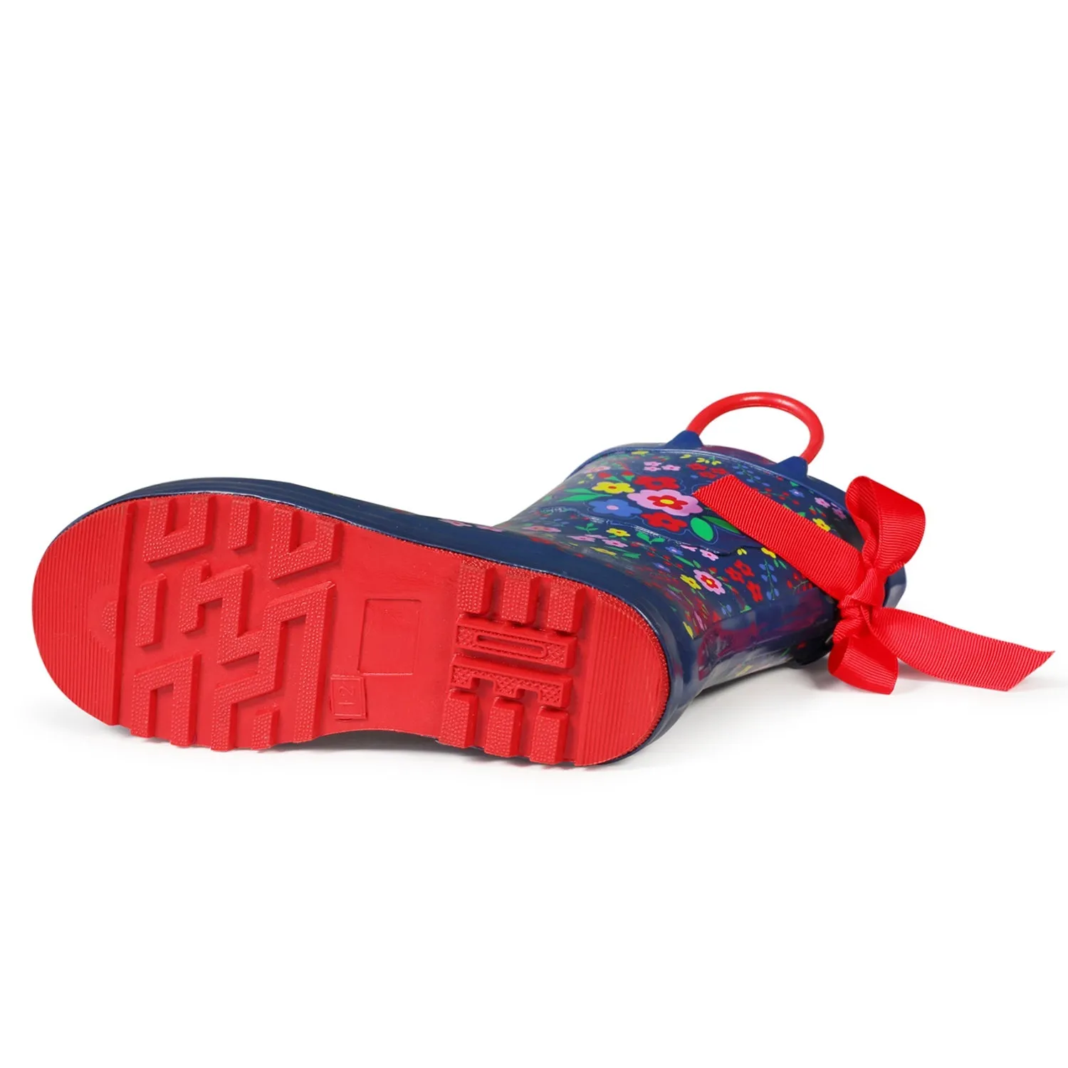 Floral Print 3D Bow Navy Kids Rain Boots