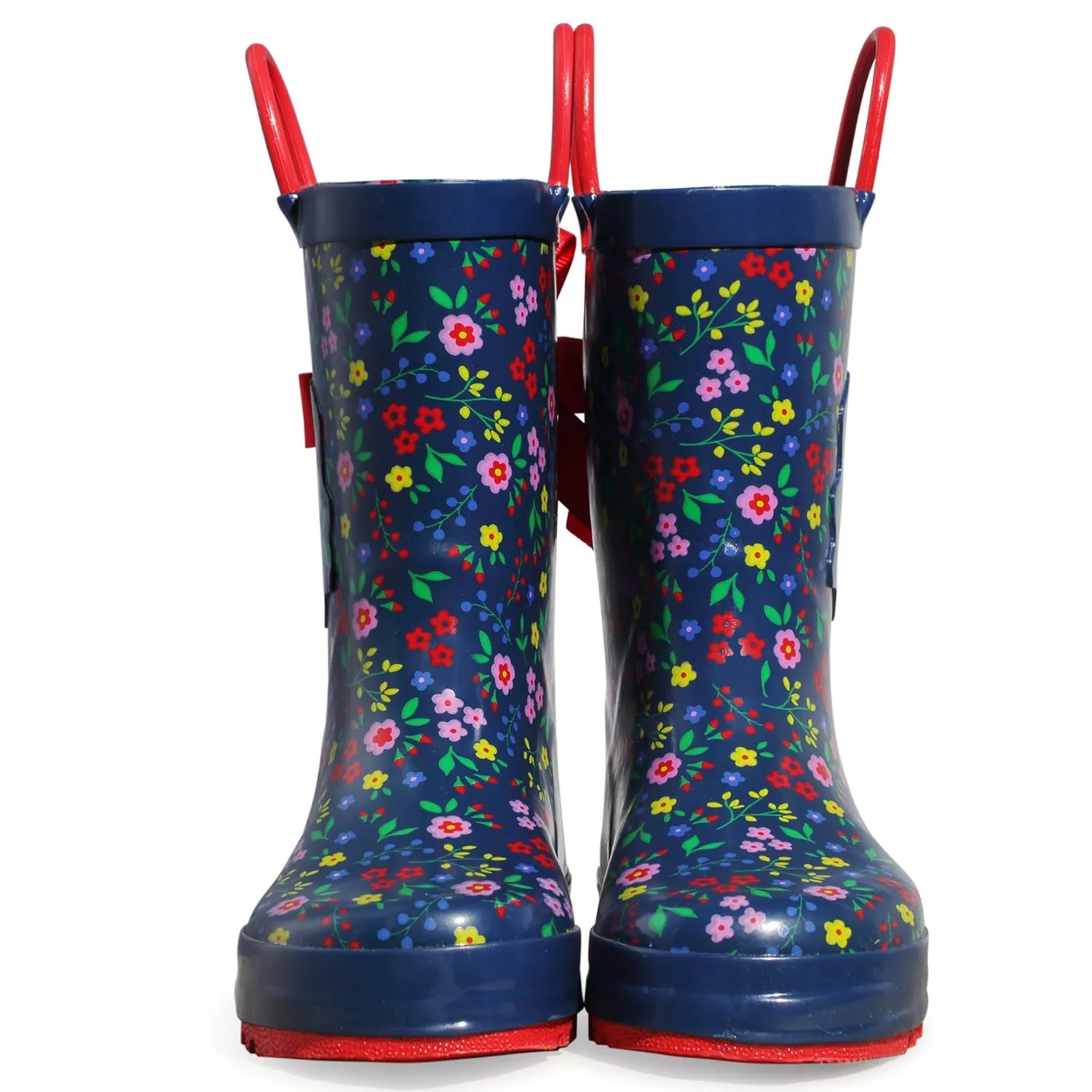 Floral Print 3D Bow Navy Kids Rain Boots