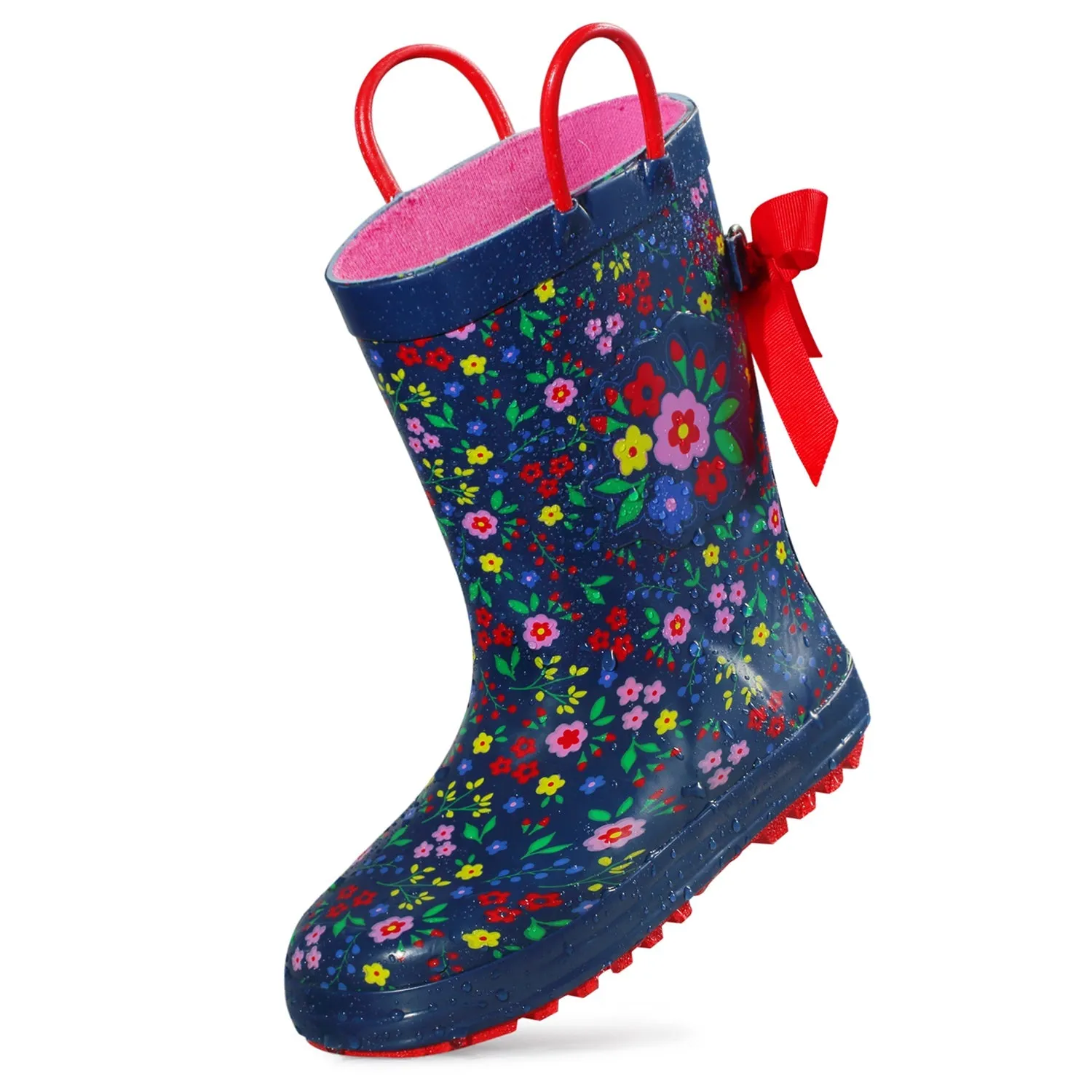 Floral Print 3D Bow Navy Kids Rain Boots