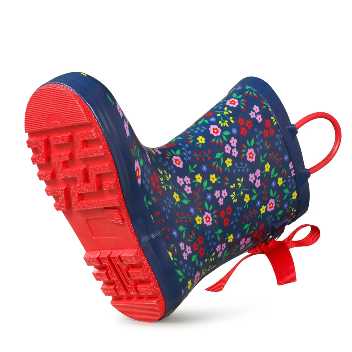 Floral Print 3D Bow Navy Kids Rain Boots