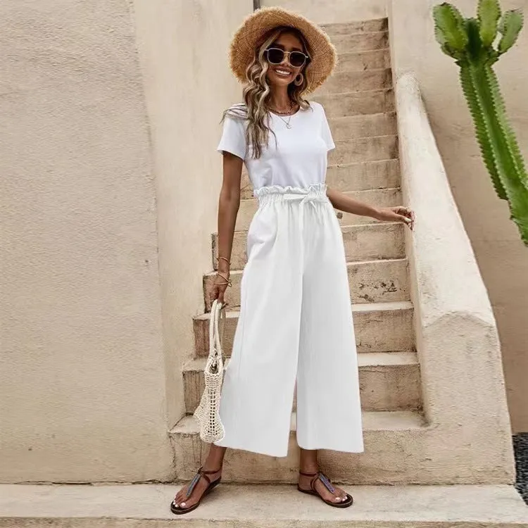 Flowy Ankle Length Tie Waist Elastic Pants