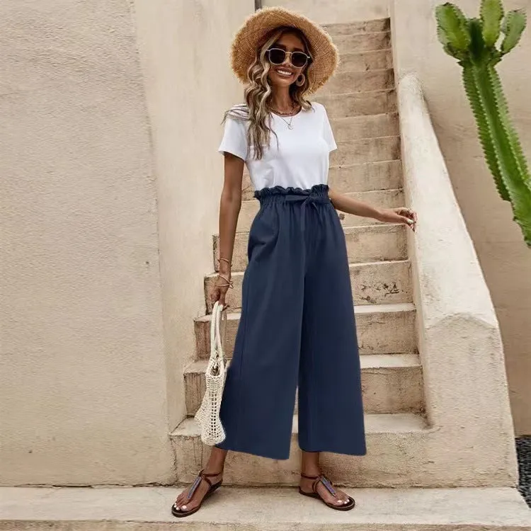 Flowy Ankle Length Tie Waist Elastic Pants