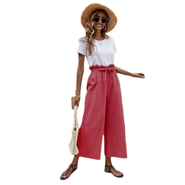Flowy Ankle Length Tie Waist Elastic Pants
