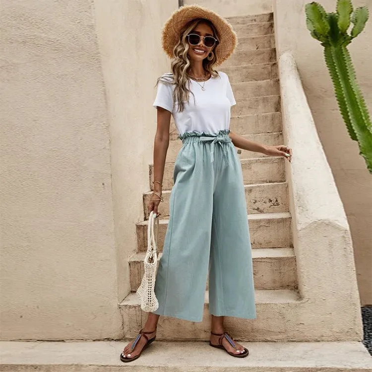 Flowy Ankle Length Tie Waist Elastic Pants