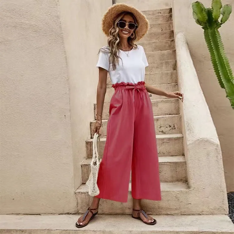 Flowy Ankle Length Tie Waist Elastic Pants