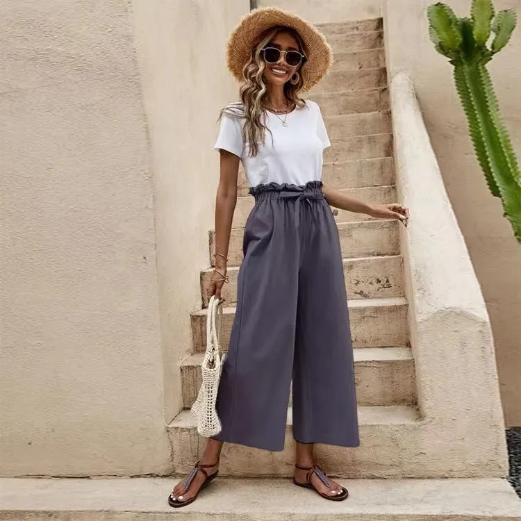 Flowy Ankle Length Tie Waist Elastic Pants