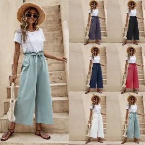 Flowy Ankle Length Tie Waist Elastic Pants