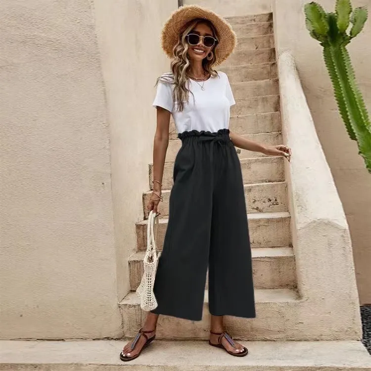 Flowy Ankle Length Tie Waist Elastic Pants