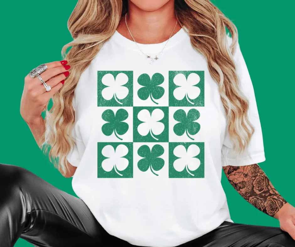 Green Shamrock Pattern on White Tee