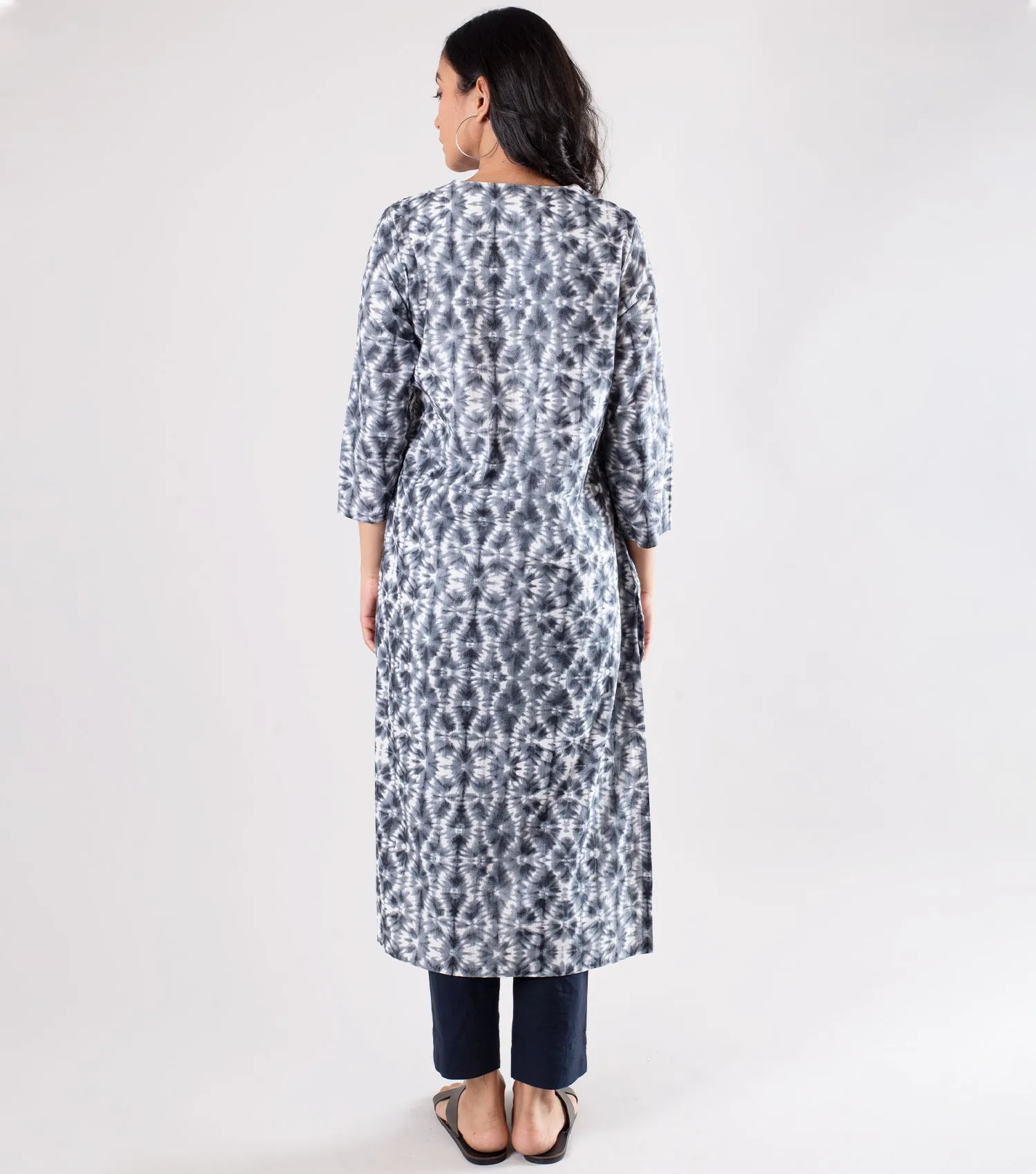 Grey Pintuck Printed Cotton Kurta