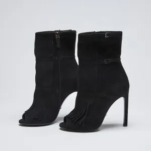 Gucci Black Suede Fringe Peep Toe Ankle Boots Size 34.5