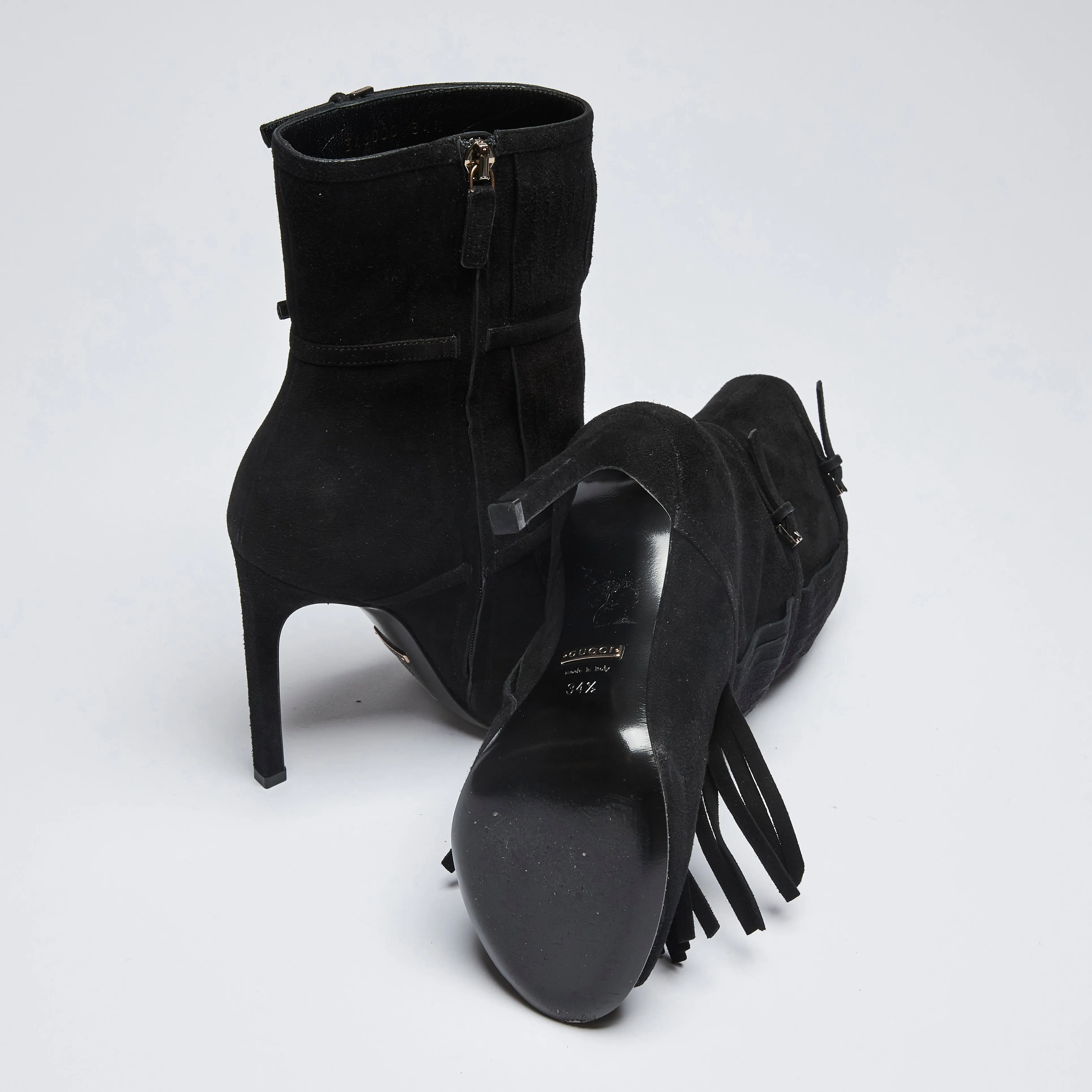 Gucci Black Suede Fringe Peep Toe Ankle Boots Size 34.5