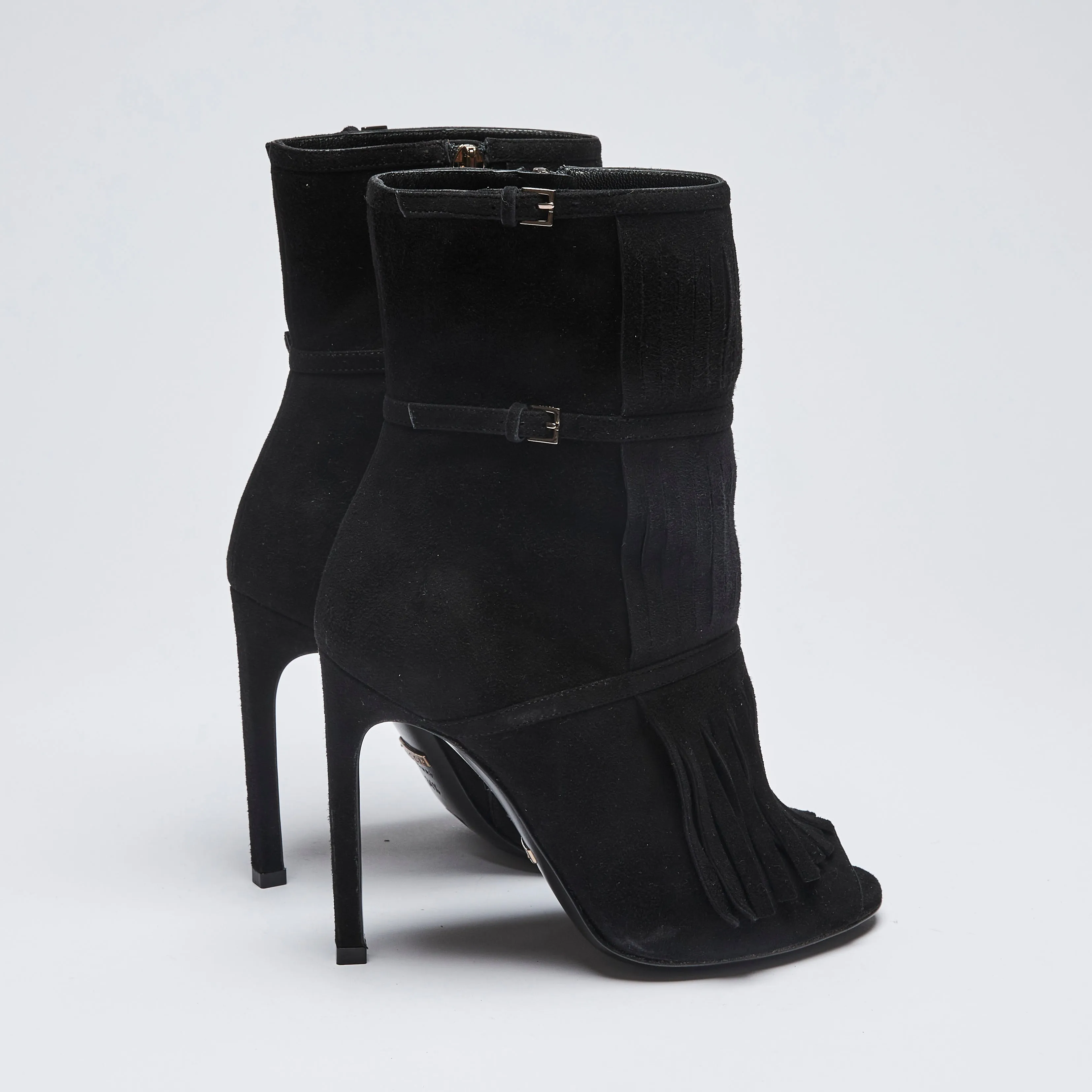 Gucci Black Suede Fringe Peep Toe Ankle Boots Size 34.5