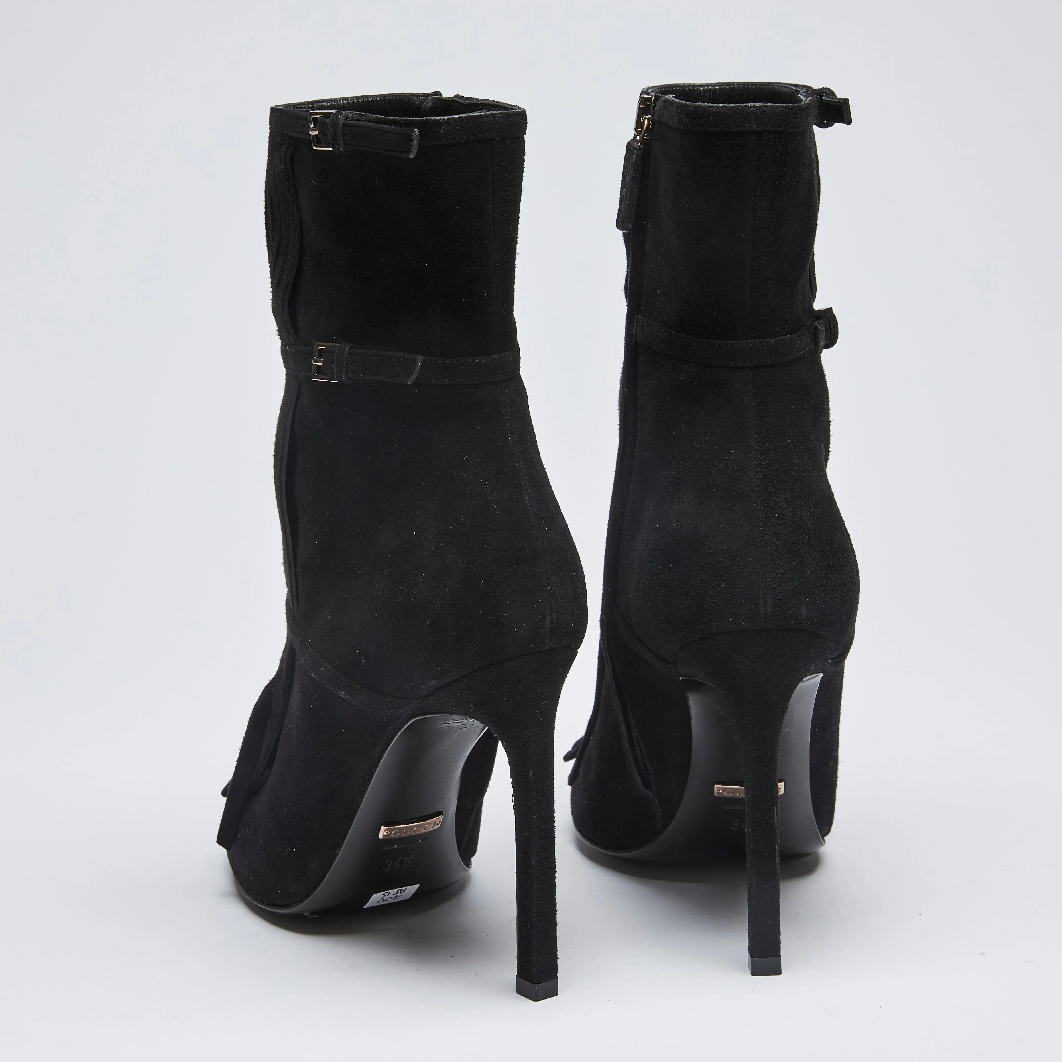 Gucci Black Suede Fringe Peep Toe Ankle Boots Size 34.5