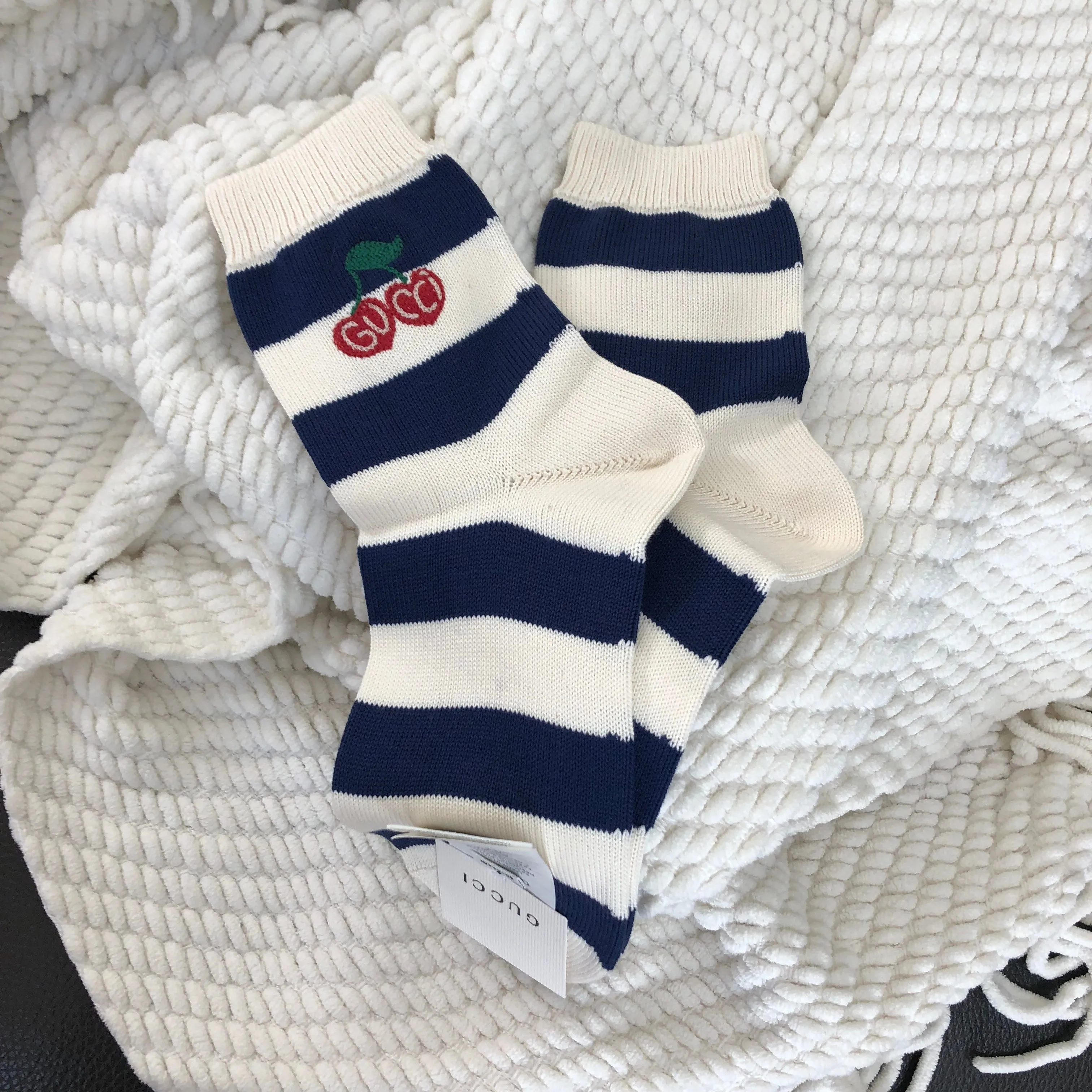 Gucci Blue and White Striped Knitted Ankle Socks with Cherries