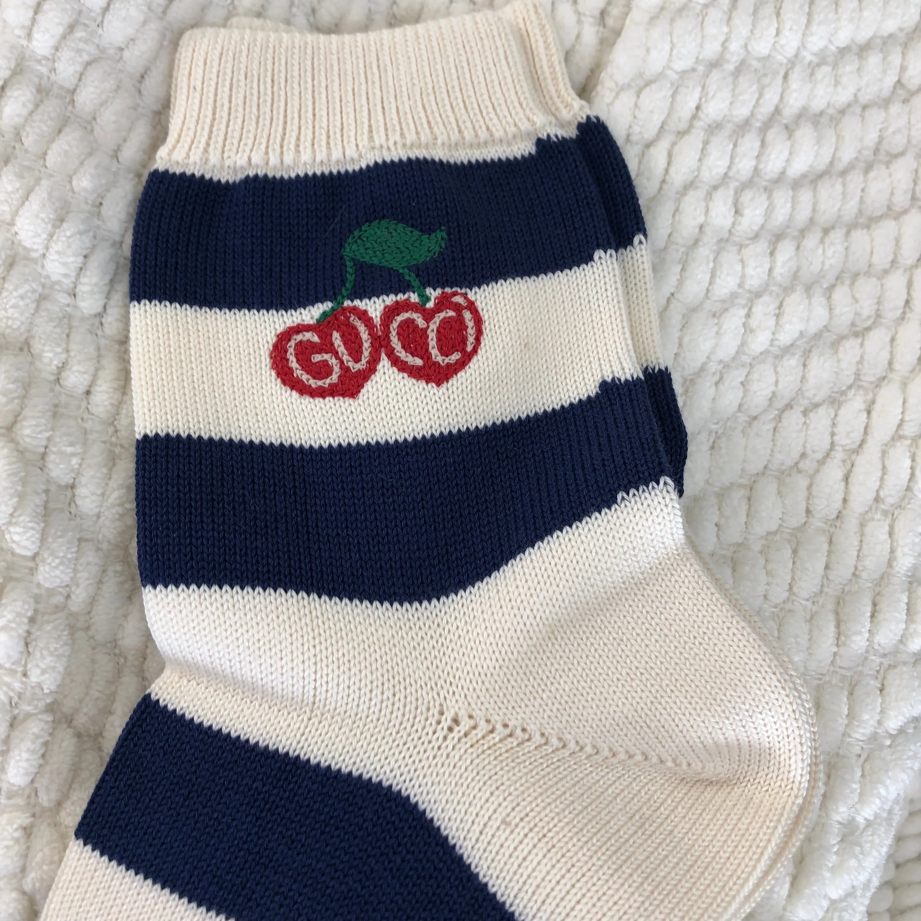 Gucci Blue and White Striped Knitted Ankle Socks with Cherries