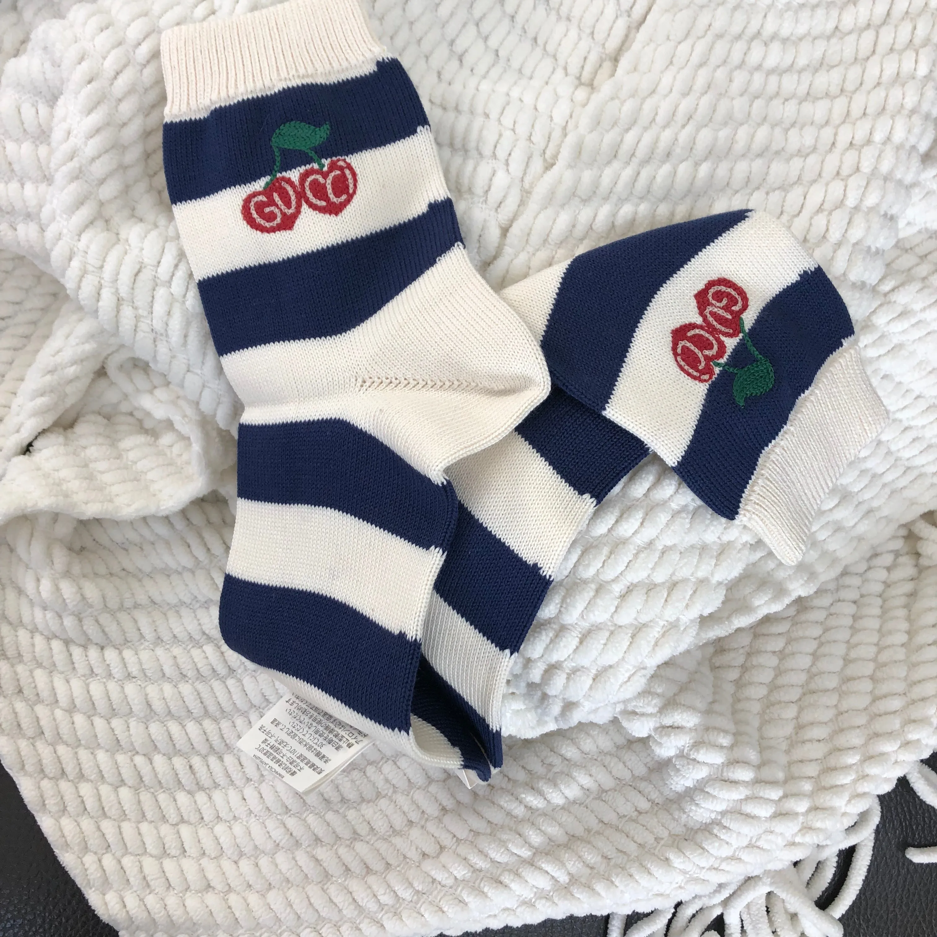 Gucci Blue and White Striped Knitted Ankle Socks with Cherries
