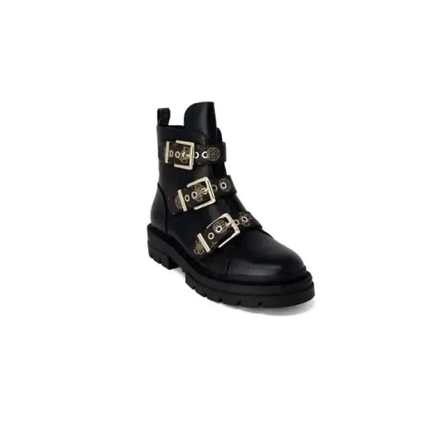Guess Women's Black Ankle Boots with Buckle and Bow Design