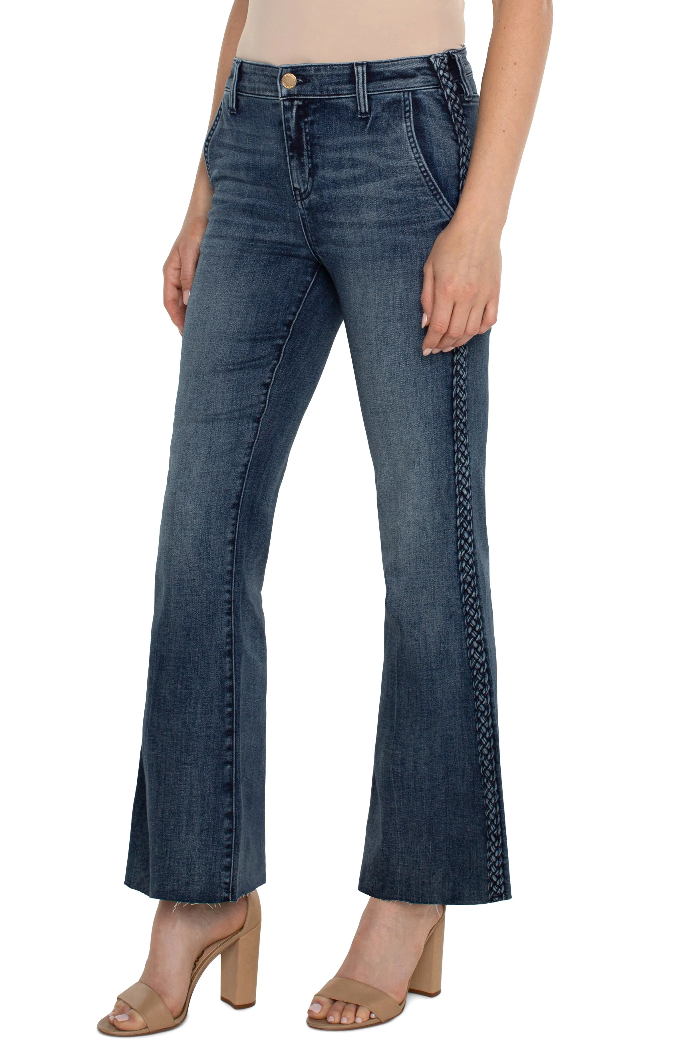 Hannah Braided Trim Raw Hem Flare Jeans
