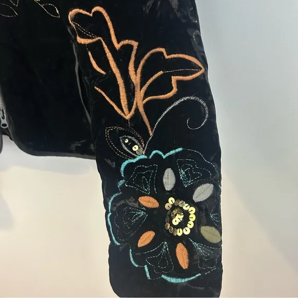 Harve Benard Black Velvet Embroidered &amp; Sequin Zip Up High Neck Jacket Size 10
