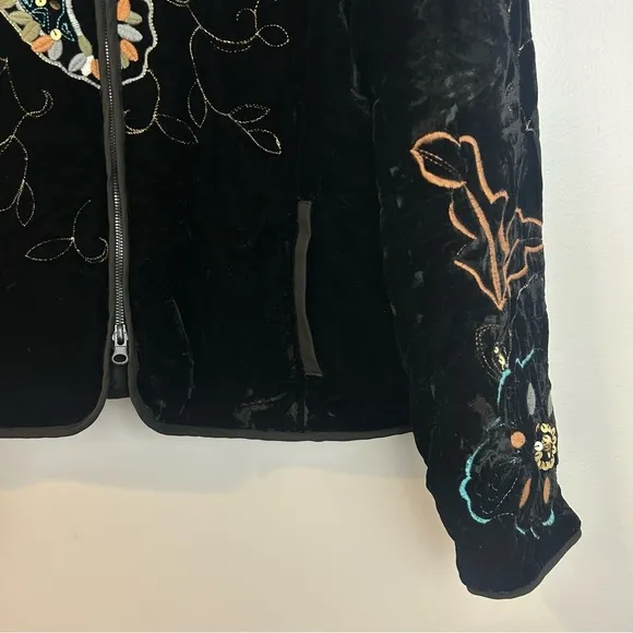 Harve Benard Black Velvet Embroidered &amp; Sequin Zip Up High Neck Jacket Size 10
