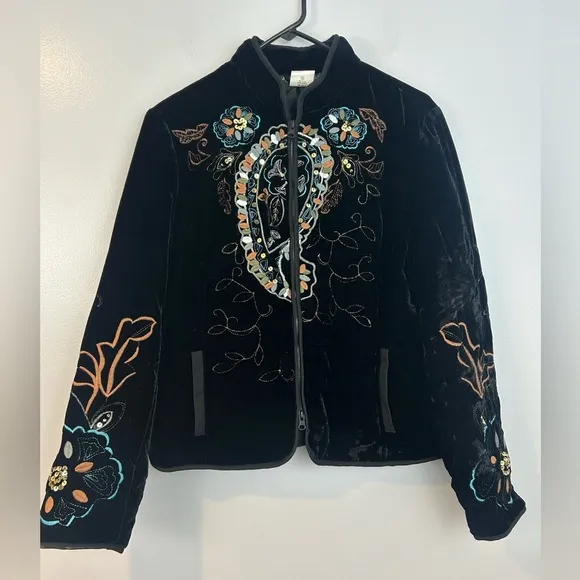 Harve Benard Black Velvet Embroidered &amp; Sequin Zip Up High Neck Jacket Size 10