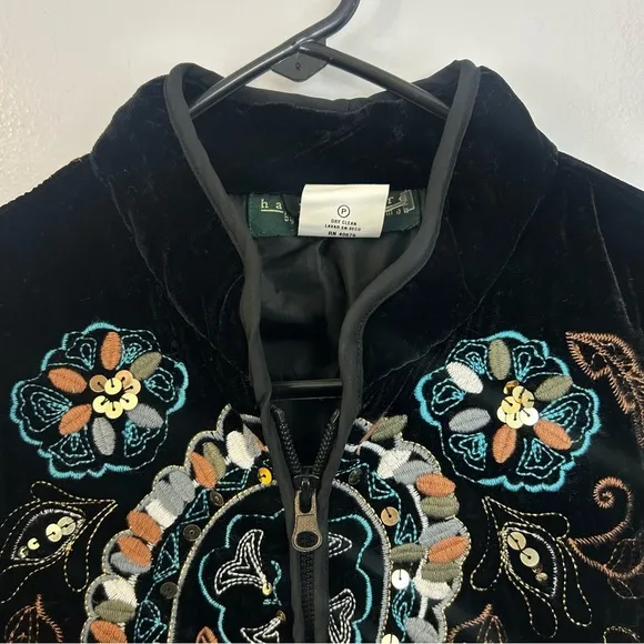Harve Benard Black Velvet Embroidered &amp; Sequin Zip Up High Neck Jacket Size 10