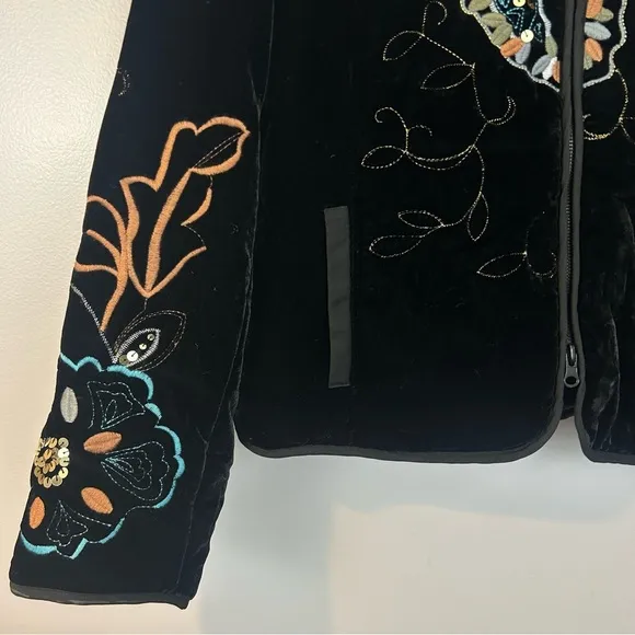 Harve Benard Black Velvet Embroidered &amp; Sequin Zip Up High Neck Jacket Size 10