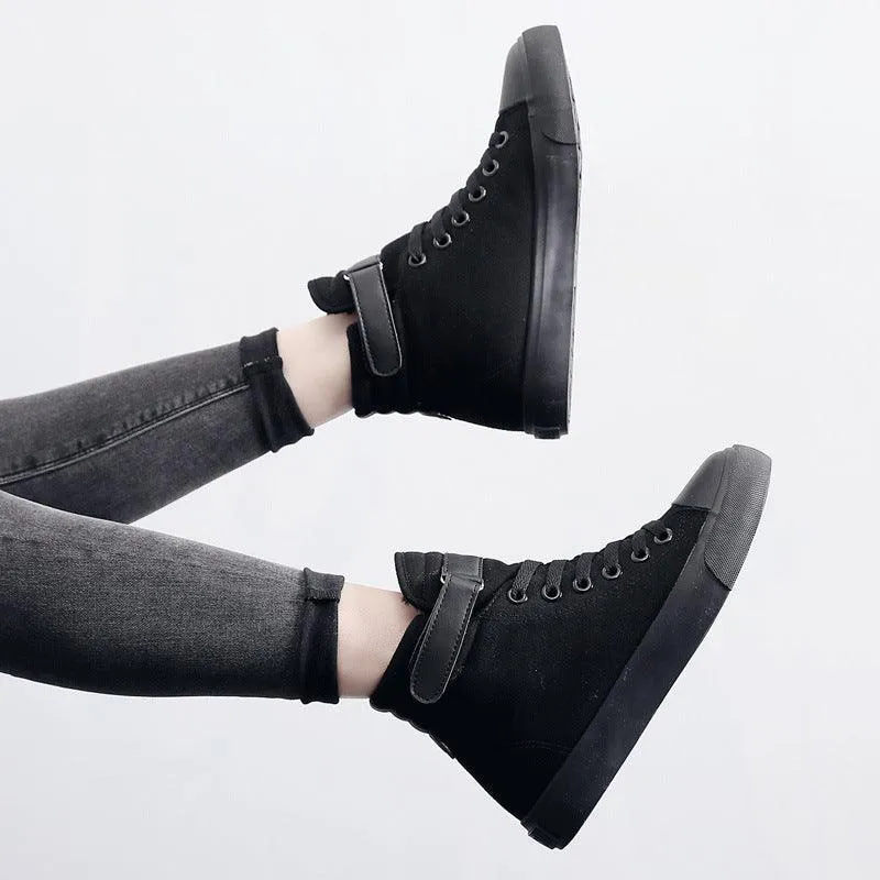 High-top Women's Shoes All Black Canvas British Style