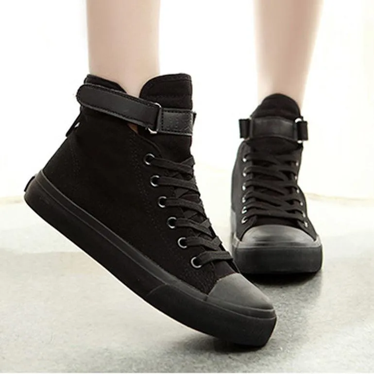 High-top Women's Shoes All Black Canvas British Style