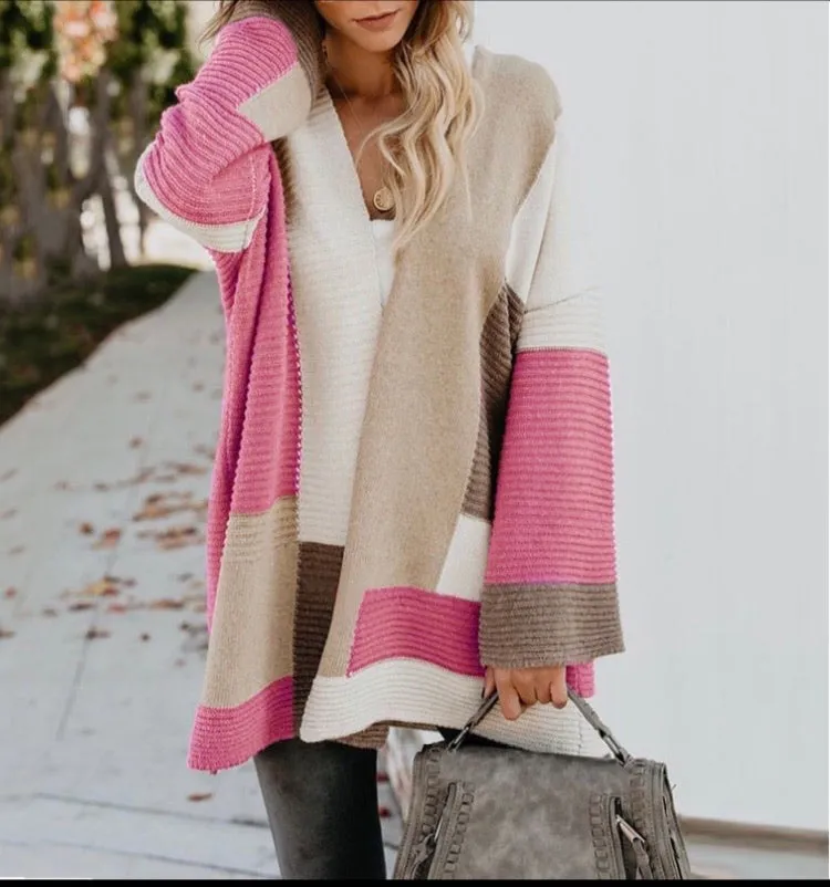 HIT-COLOR KNITTED RIBBED CARDIGAN OUTWEAR