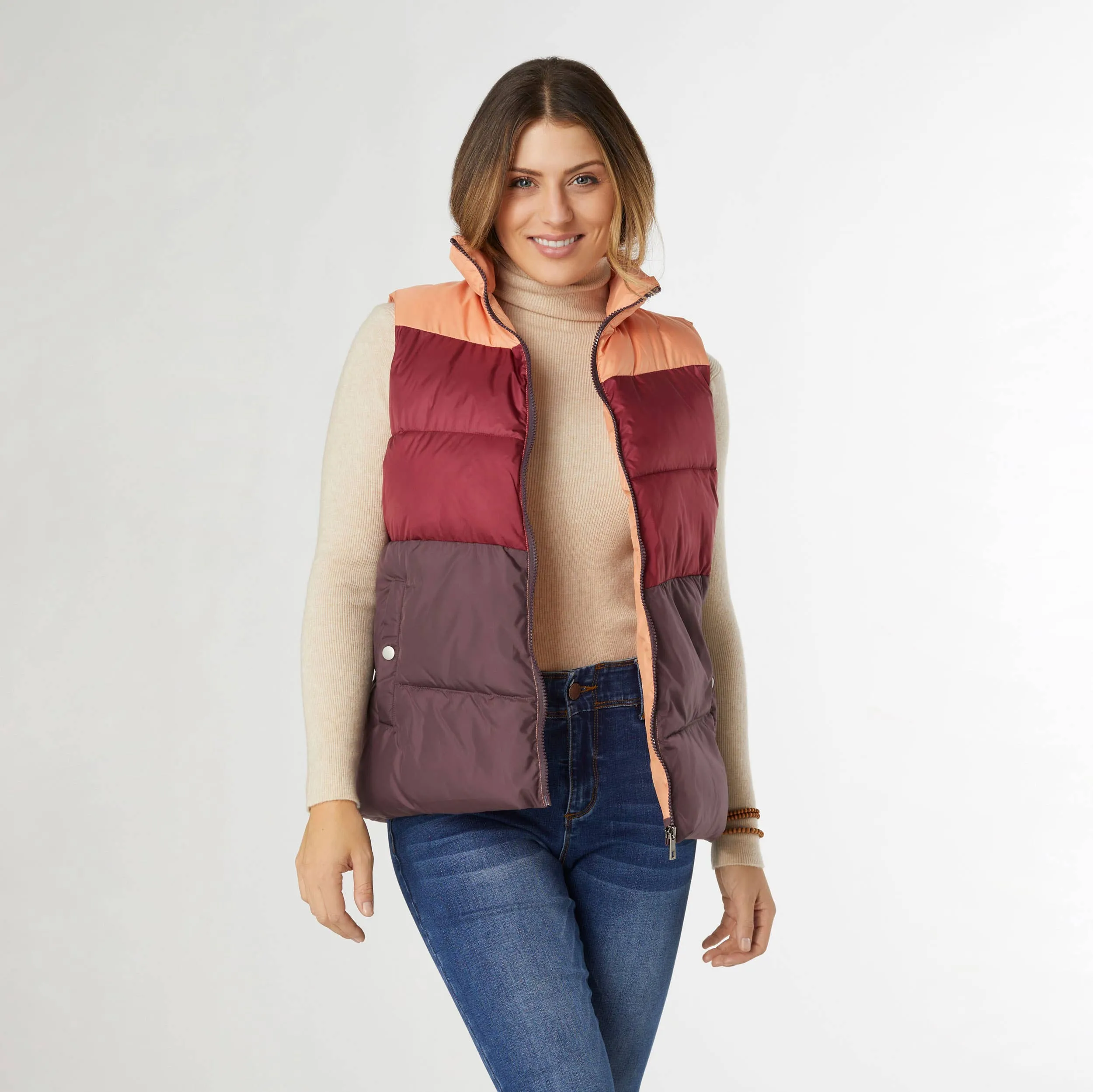 Jaylini Colorblock Puffer Vest - Fall: Beaujolais