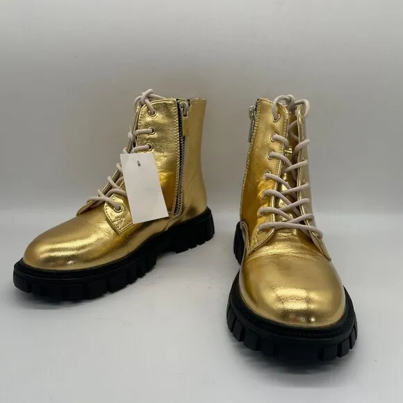 J.Crew Crewcuts Girls Lace Up Lug Sole Boots in Metallic Gold Sz K1 CC904 Easter