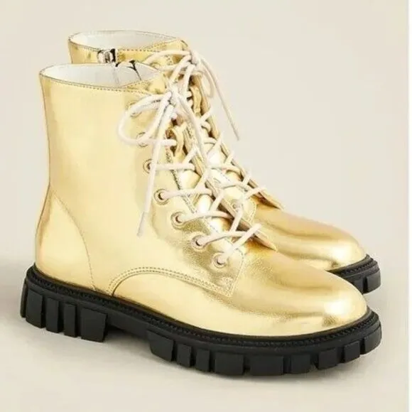 J.Crew Crewcuts Girls Lace Up Lug Sole Boots in Metallic Gold Sz K1 CC904 Easter