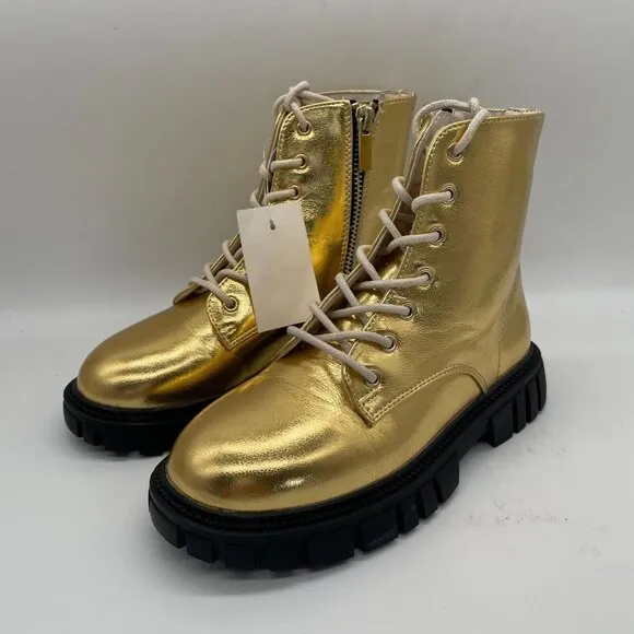 J.Crew Crewcuts Girls Lace Up Lug Sole Boots in Metallic Gold Sz K1 CC904 Easter