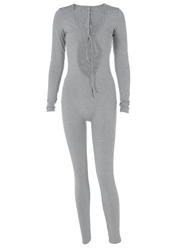 JI653 Solid Long Sleeves Cutout Jumpsuit