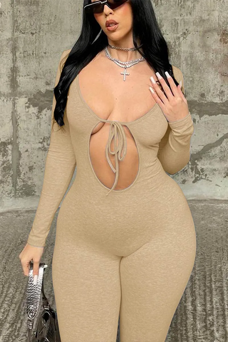 JI653 Solid Long Sleeves Cutout Jumpsuit